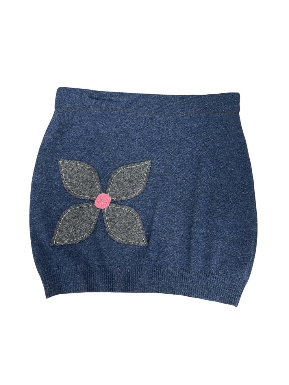 Honeybea Bum Warmer Navy Knit Mini Skirt with Gray Flower Appliqué Size M